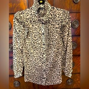 Zara Semi Sheer Crepe Animal Cheetah Leopard Print Blouse Ruffle Collar S Small